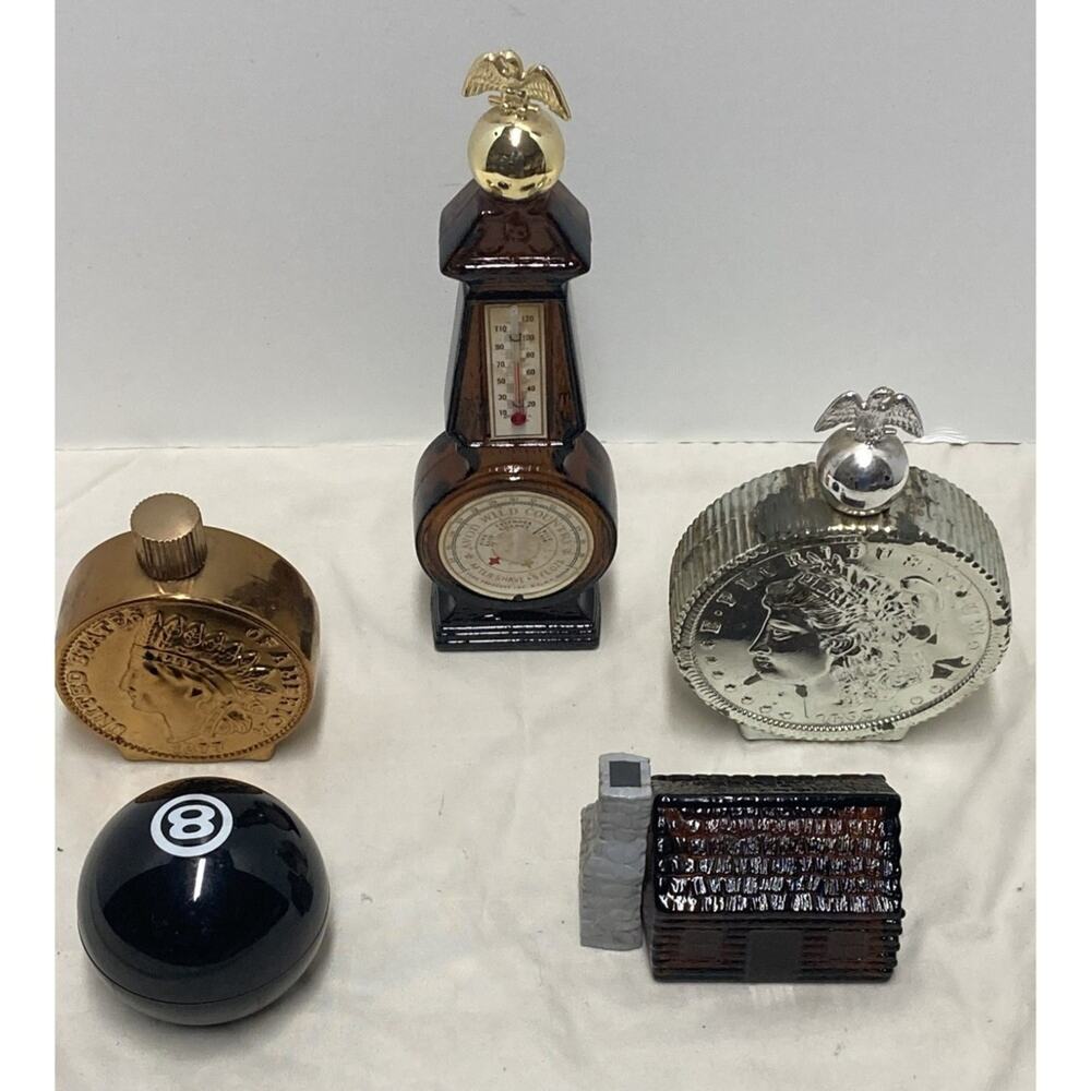 Lot of 5 Avon Men's Wild Country Cologne Bottles Coins, Log Cabin, 8-Ball & More